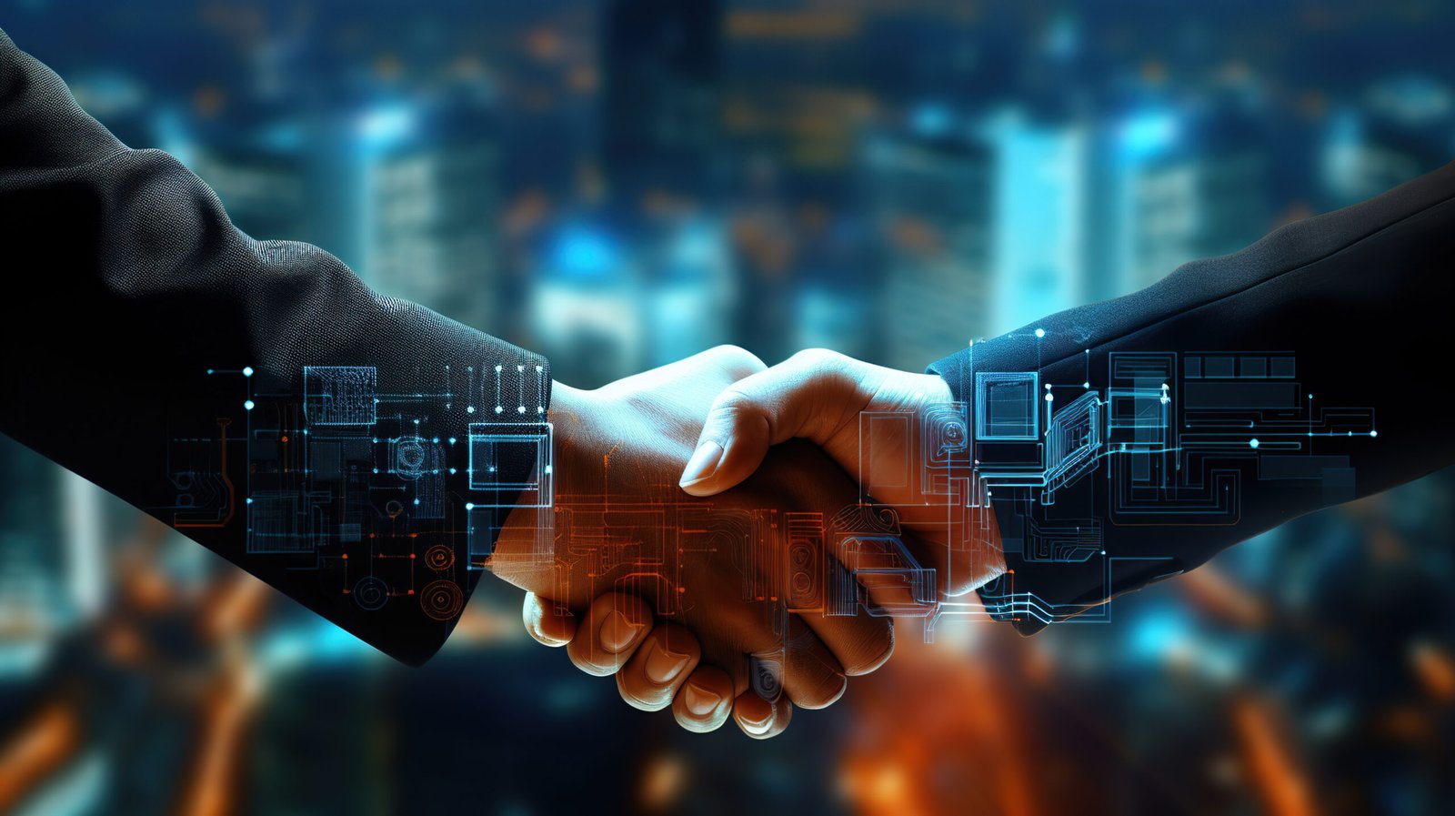 businessmen shaking hands in the city congratulating the merger